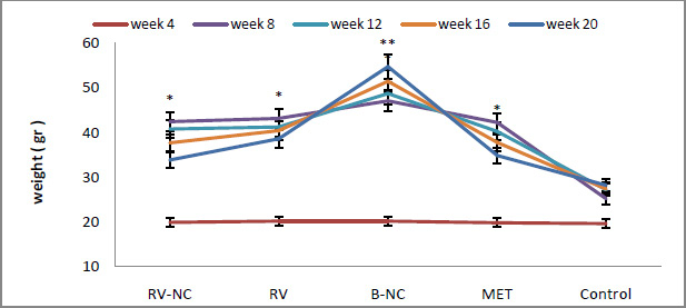 Figure 2: Weight changes in 5 different groups in 20 weeks. All data are expressed as mean ± standard deviation (n=8) and different letters show a significant difference at p < 0.05. 