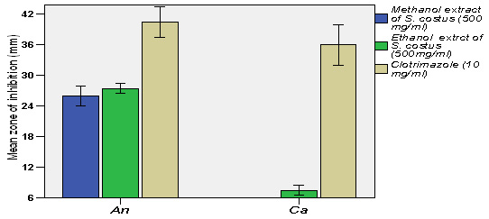 Figure 5: Mean zone of inhibitions of different fungal strains due to the effect methanol and ethanol extracts of S. costus compared with clotrimazole*An=Aspergillus niger, Ca= Candida albicans