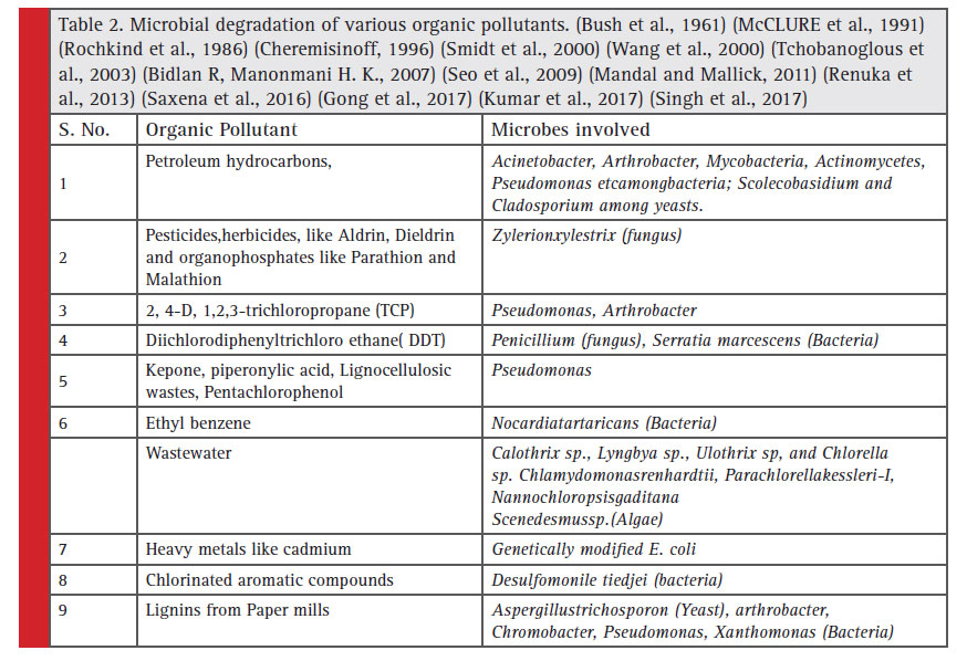 Microbial degradation of various organic pollutants. (Bush et al., 1961) (McCLURE et al., 1991) (Rochkind et al., 1986) (Cheremisinoff, 1996) (Smidt et al., 2000) (Wang et al., 2000) (Tchobanoglous et al., 2003) (Bidlan R, Manonmani H. K., 2007) (Seo et al., 2009) (Mandal and Mallick, 2011) (Renuka et al., 2013) (Saxena et al., 2016) (Gong et al., 2017) (Kumar et al., 2017) (Singh et al., 2017)
