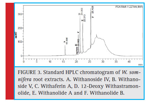 Standard HPLC chromatogram of W. somnifera root extracts. A. Withanoside IV, B. Withanoside V, C. Withaferin A, D. 12-Deoxy Withastramonolide, E. Withanolide A and F. Withanolide B.