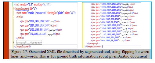 Figure 17. Generated XML file described by segmented tool, using flipping between lines and words. This is for ground truth information about given Arabic document