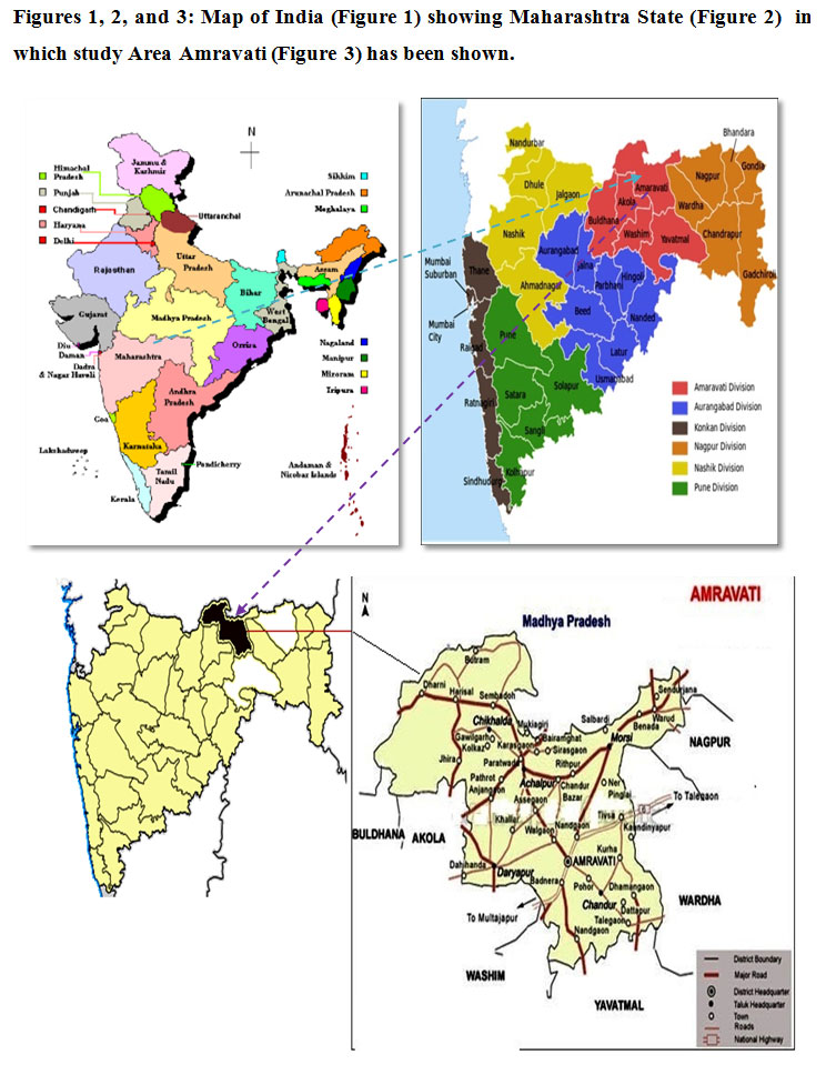 Figures 1, 2, and 3: Map of India (Figure 1) showing Maharashtra State (Figure 2) in which study Area Amravati (Figure 3) has been shown.