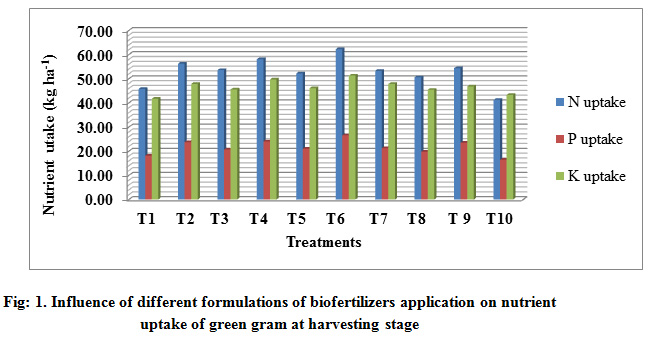 Figure 1: Influence of different formulations of biofertilizers application on nutrient uptake of green gram at harvesting stage