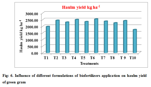 Fig: 6. Influence of different formulations of biofertilizers application on haulm yield of green gram