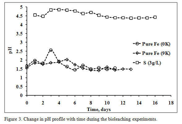 Figure 3. Change in pH profile with time during the bioleaching experiments.