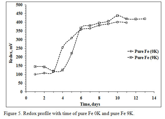 Figure 5. Redox profile with time of pure Fe 0K and pure Fe 9K.