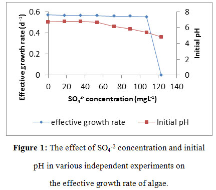 Figure 1: The effect of SO4-2 concentration and initial pH in various independent experiments on the effective growth rate of algae.