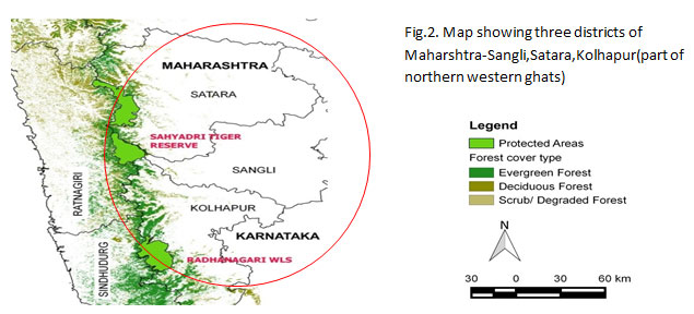 Map showing three districts of Maharshtra-Sangli,Satara,Kolhapur(part of northern western ghats)