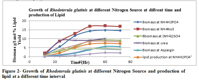 Figure 2- Growth of Rhodotorula glutinis at different Nitrogen Source and production of lipid at a different time interval.