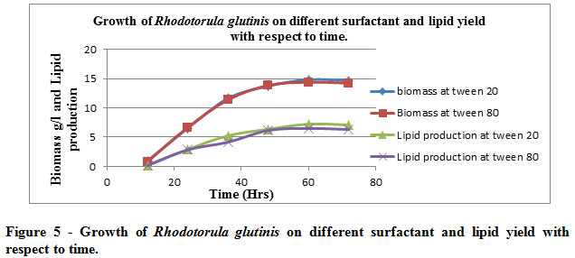 Figure 5 - Growth of Rhodotorula glutinis on different surfactant and lipid yield with respect to time. 
