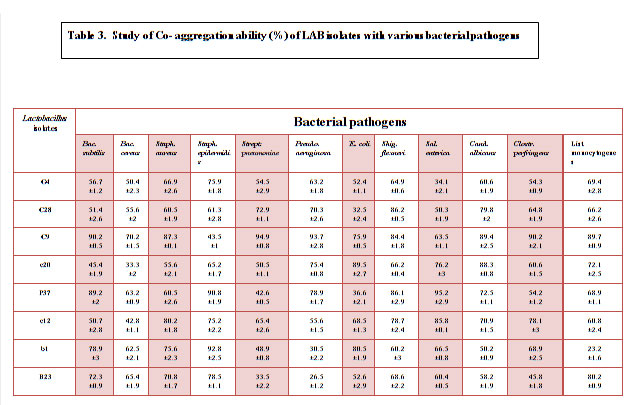 Table 3: Study of Co- aggregation ability (%) of LAB isolates with various bacterial pathogens