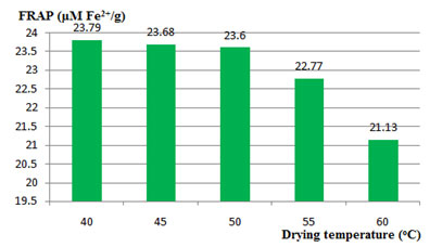 Figure 5. Effect of drying temperature (oC) at -0.2 bar pressure to antioxidant activity (μM Fe2+/g) in the dried pakalana (Telosma cordata Merrill) flower tea