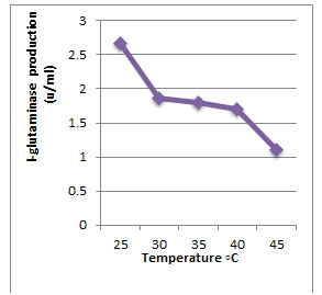 Figure 3. Effect of the temperature on production of L-glutaminase in broth medium by the isolate MM11