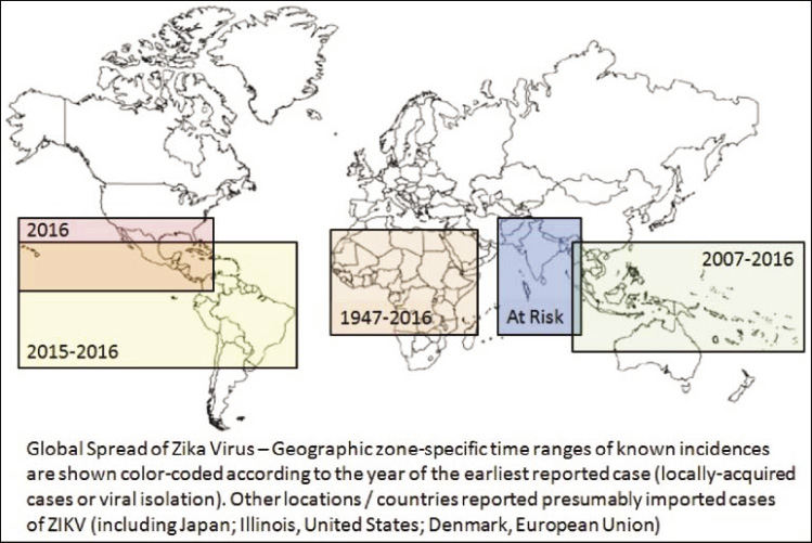 Figure 4: A schematic reconstruction of the geographic spread of the Zika virus. (Sikka et al., 2016)