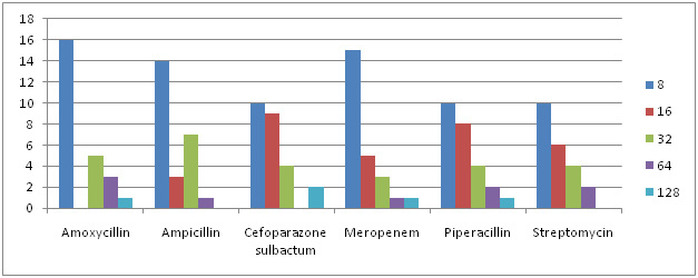 Graph 4: MIC Concentration Against Different Antibiotics for E.Coli